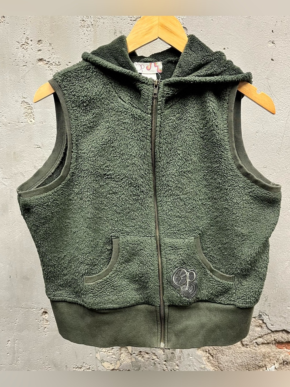 Vintage Y2K Ocean Pacific Army Green Sherpa Fur Plush Hoodie Vest Top Mallcore